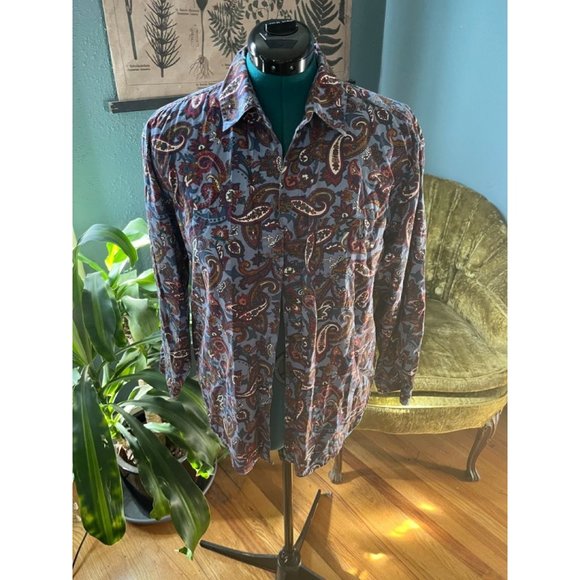 80s Neutral Colors + Blue Paisley Collared Button-Up Shirt - Picture 1 of 5